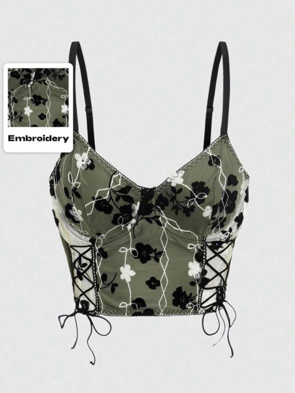 ROMWE Fairycore Green/Black Floral Embroidery Lace Up Cami Top size Large